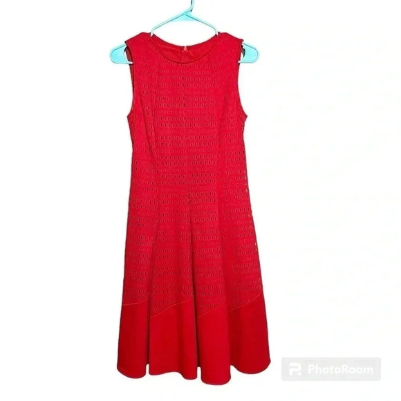Joseph Ribkoff Size 4 Red Sleeveless Flare Eyelet Dress Career Office Party - Picture 1 of 10